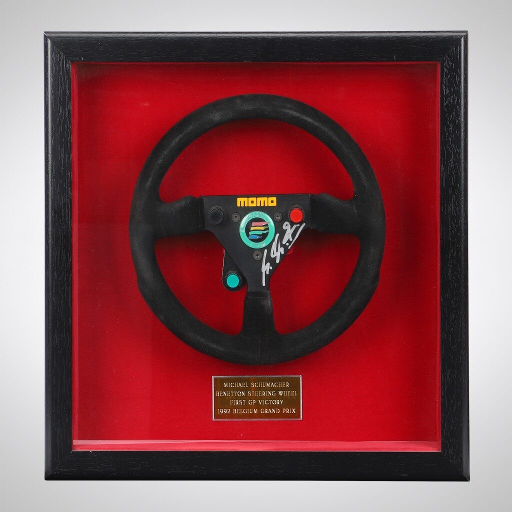 Michael Schumacher’s Benetton steering wheel from his first race victory at the 1992 Belgian Grand Prix 